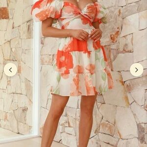 NWT Billy J Orange Floral Front Cutout Puff Sleeve Mini Dress Colorful Women’s S